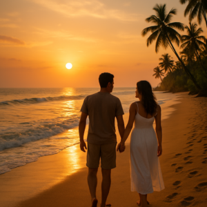 A romantic sunset view on a Sri Lankan beach, featuring a couple walking hand-in-hand along