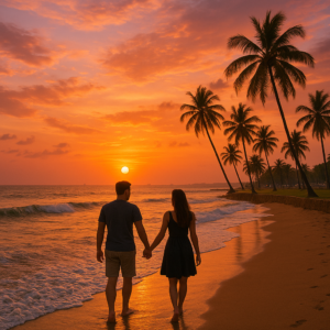 A romantic sunset scene at Galle Face Green in Colombo, featuring a couple holding hands