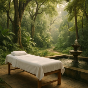 A serene spa setting in Kandy, Sri Lanka, featuring a tranquil outdoor area surrounded by
