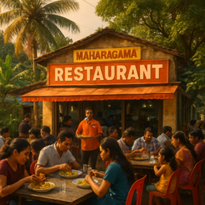 A vibrant street scene in Maharagama, showcasing a busy full-service restaurant with people enjoying their